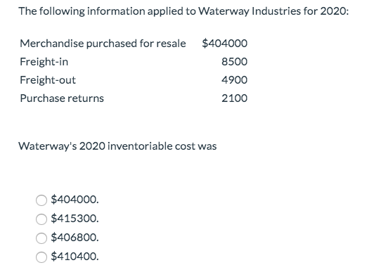 The following information applied to Waterway Industries for 2020: Merchandise purchased for resale Freight-in Freight-out Pu