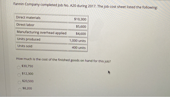 Fannin Company completed Job No. A20 during 2017. The job cost sheet listed the following: Direct materials $10,300 Direct la