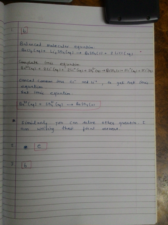 16] Balanced molecular equation: Back Caglt Lizsoy Cag) - BasOy (s) + 2 Lich (ag) Complete inic equation Ba²+ (ayl + 2ci (ag