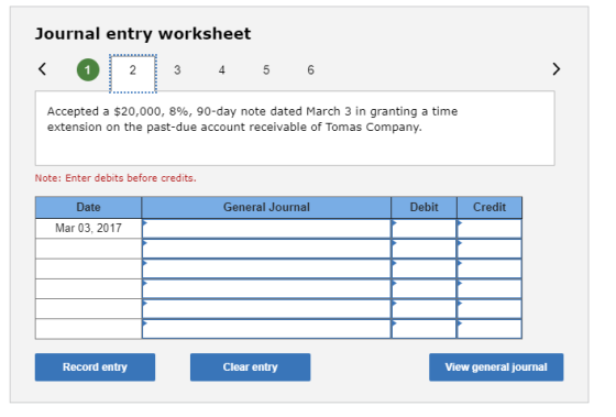 Journal entry worksheet 4 Accepted a $20,000, 896, 90-day note dated March 3 in granting a time extension on the past-due acc