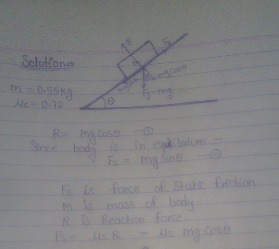 Since , body is-in eg İbnom s is force of Static faichon m is mass of bors R is Reaction force Cos e