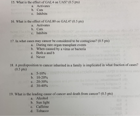 15. What is the effect of GAL4 on UAS? (0.5 pts) a. Activates b. Cuts c. Inhibits 16. What is the effect of GAL80 on GAL4? (0