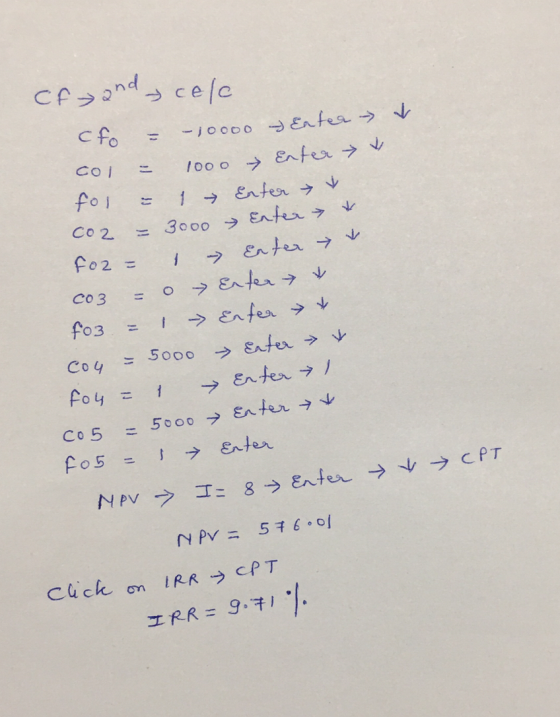 and & & cf cele cfo = - 10000 Enter col = 1000 Enter for = 1 Enter & co2 = 3000 Enter & fo2= s - Enter & co3 = 0 Enter & 103