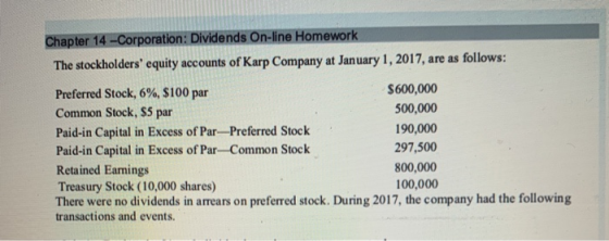 Chapter 14 -Corporation: Dividends On-line Homework The stockholders equity accounts of Karp Company at January 1, 2017, are