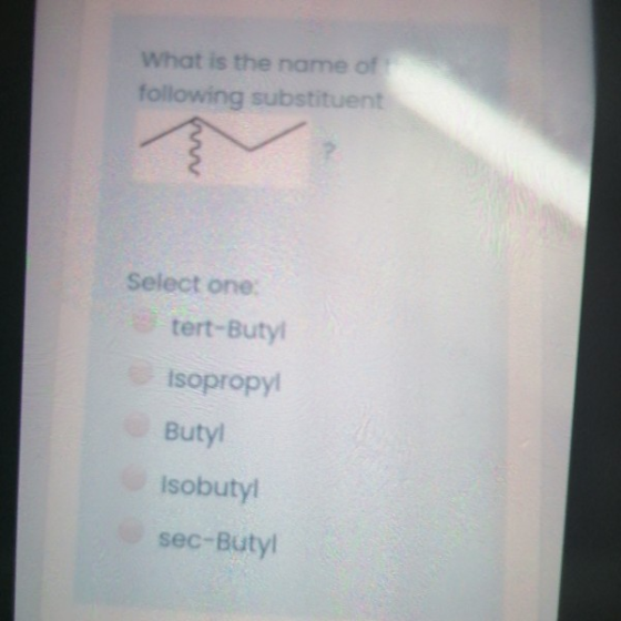What is the name of following substituent Select one tert-Butyl Isopropyl Butyl Isobutyl sec-Butyl