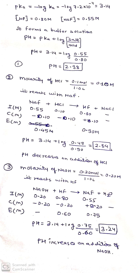 pka = -log ka = -10g 7.2 x10 = 314 [HF] = 0.80M [naf] = 0.55M It forms a buffer solution - PH = pka + log (sall pH = 3-14 +lo