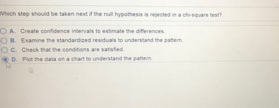 Which step should be taken next if the null hypothesis is rejected in a chi-square test? OA. O B. Create confidence intervals to estimate the differences. Examine the standardized residuals to understand the pattern C. Check that the conditions are satisfied. D. Plot the data on a chart to understand the pattern.