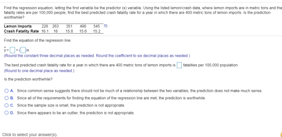 Find the regression equation, letting the first variable be the predictor (x) variable. Using the listed lemon/crash data, wh