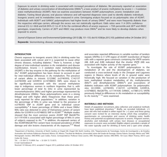Exposure to arsenic in drinking water is associated with increased prevalence of diabetes. We previously reported an associat