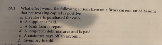 2A.1 What effect would the following actions have on a firms current ratio? Assume that net working capital is positive. a. Inventory is purchased for cash b. A supplier is paid. c. A bank loan is repaid. d. A long-term debt matures and is paid. e. A customer pays off an account. Inventory is sold.