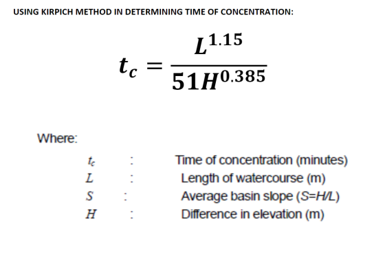 USING KIRPICH METHOD IN DETERMINING TIME OF CONCENTRATION: L 1.15 tc 51H0.385 Where: . L S H Time of concentration (minutes)