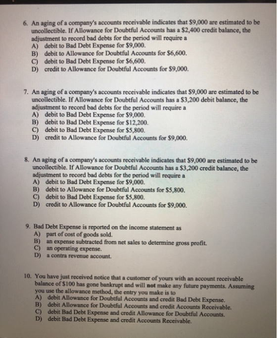 6. An aging of a companys accounts receivable indicates that $9,000 are estimated to be uncollectible. If Allowance for Doub
