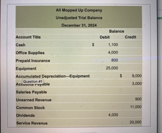 en All Mopped Up Company Unadjusted Trial Balance December 31, 2024 Balance Debit Credit Account Title Cash $ 1,100 4,000 800