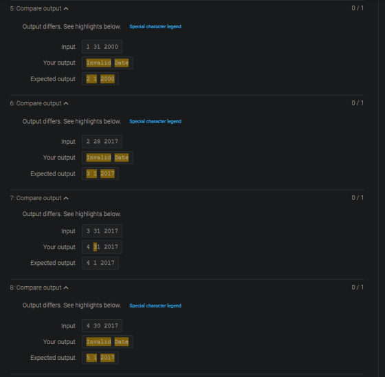 5: Compare output a 0/1 Output differs. See highlights below. Special character legend Input 1 31 2000 Your output Invalid Da