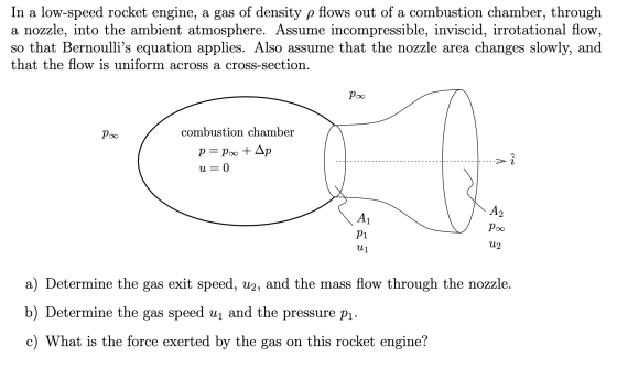 In a low-speed rocket engine, a gas of density p flows out of a combustion chamber, through a nozzle, into the ambient atmosp