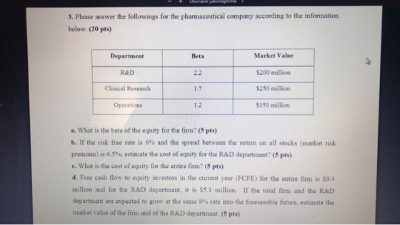 omatik yakin agarma 3. Please answer the followings for the pharmaceutical company according to the information below. (20 pt