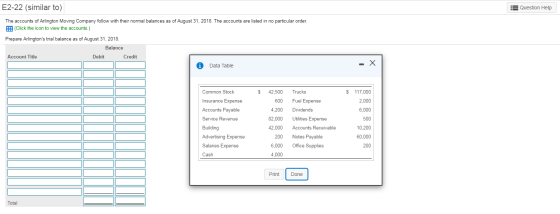 E2-22 (similar to) 3 Question Help The accounts of Arlington Moving Company follow with their normal balances as of August 31