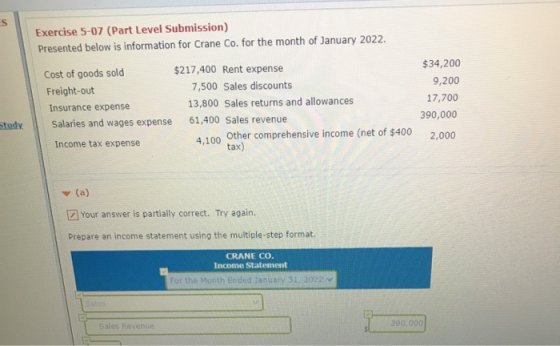S Exercise 5-07 (Part Level Submission) Presented below is information for Crane Co. for the month of January 2022. Cost of g
