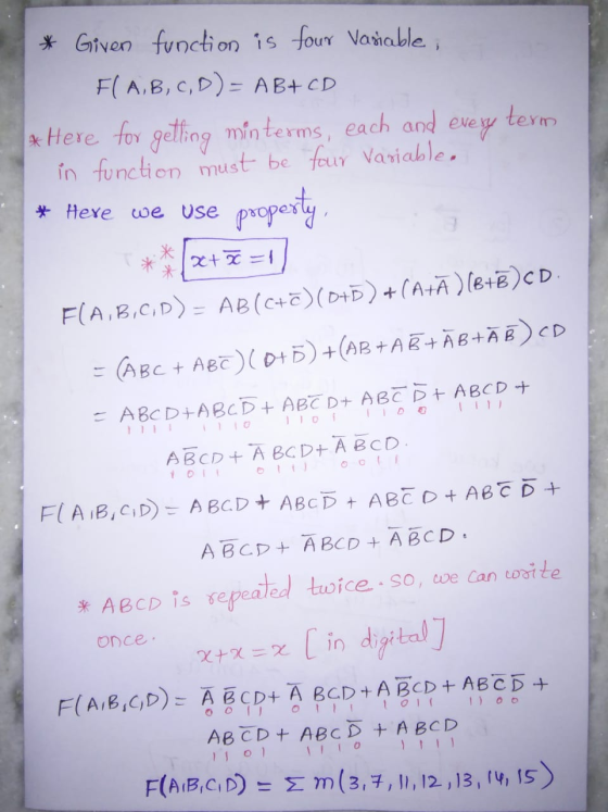 term * Given function is four Variable, Fl A, B, C, D) = AB+CD * Here for getting min terms, each and every in function must