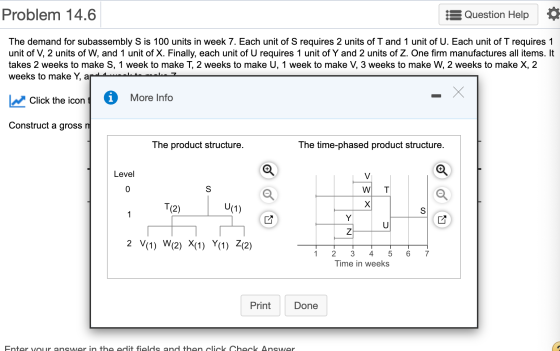 Problem 14.6 Question Help The demand for subassembly S is 100 units in week 7. Each unit of S requires 2 units of T and 1 un
