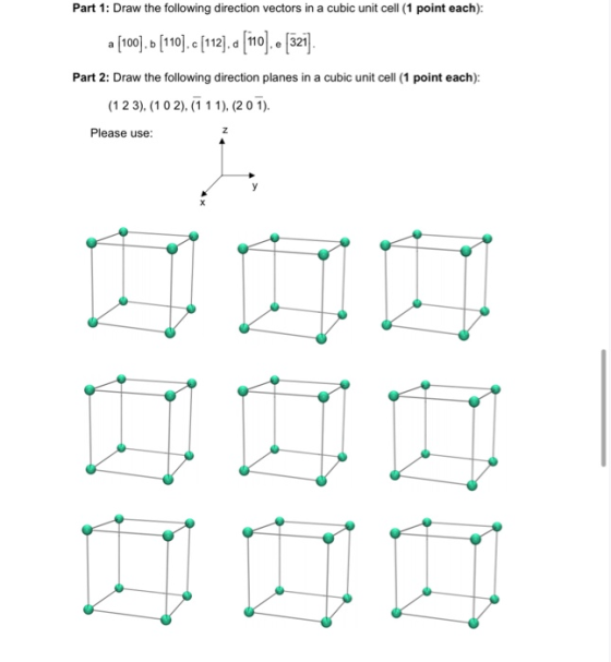 Part 1: Draw the following direction vectors in a cubic unit cell (1 point each): a [100], b (110). c (112), a [110). • [321]