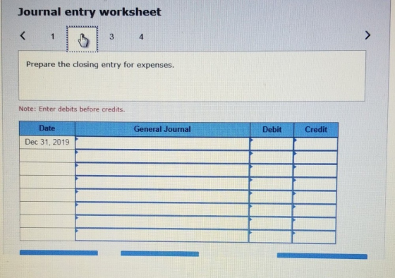 Journal entry worksheet Prepare the closing entry for expenses. Note: Enter debits before credits. General Journal Debit Cred