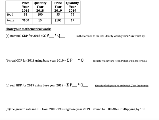 Price Year 2018 $4 Quantity Year 2018 100 Price Year 2019 Quantity Year 2019 75 | 2019 food $5 tents $100 15 $10517 17 Show y