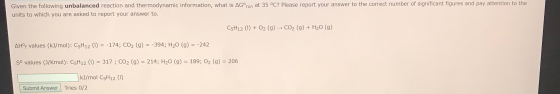 Given the following unbalanced reaction and thermodynamic information, what is AGºrxn at 35 °C? Please report your answer to