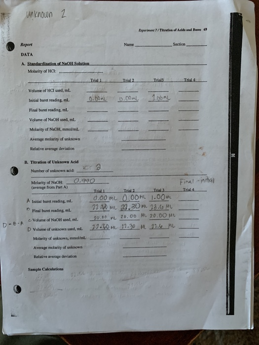 Report DATA A. Name Section Molarity of Ha. Volume of HCI used, mL nialburet tadng m LD00 b Final buret reading. mL Volume of