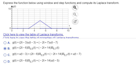 Express the function below using window and step functions and compute its Laplace transform. Ag(t) 10- --00 2 6 10 Click her