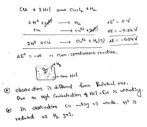 cu + 2HCl = Cuclz +Hz 2H*tzel - H₂ E = or cu → Cutz + 286 OE = -0.34 V 2#t till G cut2 + H2(9) JE = -0.34 V AE = -ve =) non-s