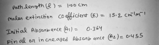 Path length (e) = 00 Cm molan extinction Co ficient E) 15.2 cmm Initial Absanb ance (A) 0.36 Fin al on in cneaged Absanb ance