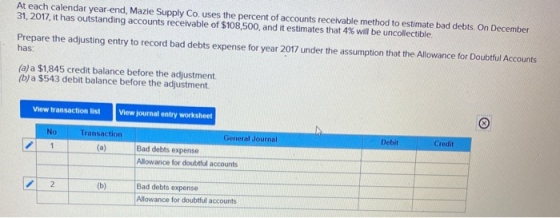 At each calendar year-end, Mazie Supply Co uses the percent of accounts receivable method to estimate bad debts. On December