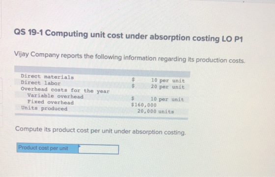 QS 19-1 Computing unit cost under absorption costing LO P1 Vijay Company reports the following information regarding its prod