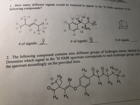 Is would be expected to appear in the H NMR spectrum of the following compounds? ppear in the H NMR spectrum of he ぐ Li # of signals: #0f signals: # ofsignals: 2. The following compound contains nine different groups of hydrogen atoms, labeled H ne which signal in the H NMR spectrum corresponds to each hydrogen group, and the spectrum accordingly on the provided lines. Br H Hg H He Ha Hc