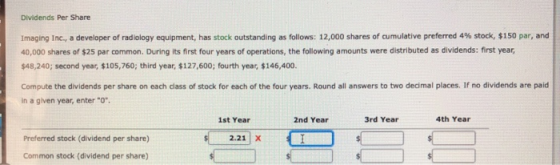 Dividends Per Share Imaging Inc., a developer of radiology equipment, has stock outstanding as follows: 12,000 shares of cumu