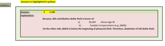 Answers is highlighted in yellow: Solution: Answer: $ 6,500 Explanation: Because, IRA contribution dollar limit is lesser of: a) b) $6,500 Above age 50 Taxable Compensation (e.g. 26000) On the other side, MAGI is below the beginning of phaseout limit. Therefore, deduction of full dollar limit.