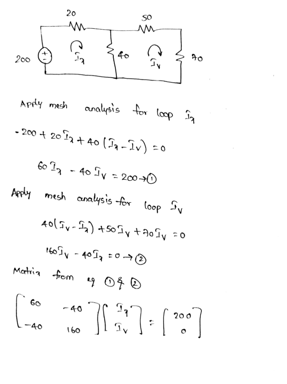 20 W OS w 200 о Tv Apply mesh analysis for loop in -200 + 2017 +40 (da - Iv) = Go In - 40 TV =20070 Apply mesh analysis for l