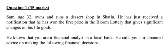 Question 1 (35 marks) Sam, age 32, owns and runs a dessert shop in Shatin. He has just received a notification that he has wo