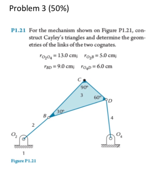 Problem 3 (50%) P1.21 For the mechanism shown on Figure P1.21, con- struct Cayleys triangles and determine the geom- etries of the links of the two cognates. o204-13.0 cm o2B 5.0 cm BD-9.0 cm; rosD-6.0 cm 90° 3 60 4 Figure P1.21