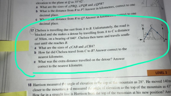 elevation to the plane at Q as 35°42. a What are the sizes of ZPRO, POR and ZOPR? b What is the distance from R to P? Answer