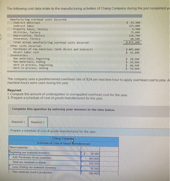 The following cost data relate to the manufacturing activities of Chang Company during the just completed ye Manufacturing ov