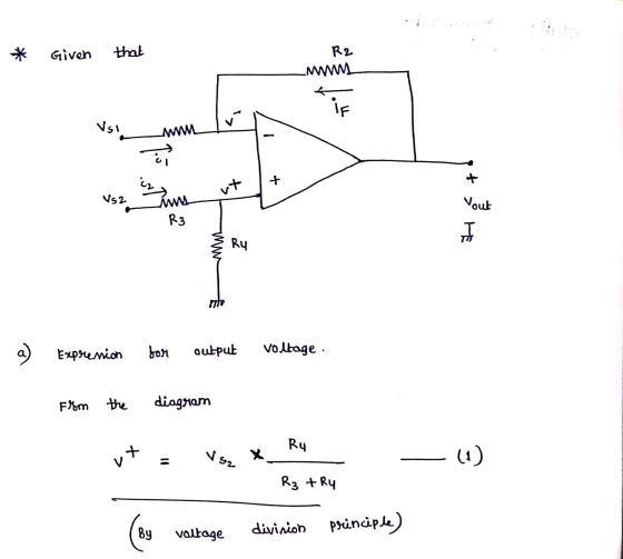 * Given that R2 M t. Vsi_ min vt 1 + vs2 un vi R3 Ry Expression for output voltage. Fyom the diagram Ry ut = Vg2 x 1 R₂ try (