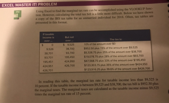 EXCEL MASTER IT! PROBLEM Using Excel to find the marginal tax rate can be accomplished using the VLOOKUP func- tion. However, calculating the total tax bill is a little more difficult. Below we have shown a copy of the IRS tax table for an unmarried individual for 2018. Often, tax tables are presented in this format. xlsx If taxable income is But not over . $ 9,525 38,700 93,700 195,450 424,950 426,700 The tax is: over... 0 9,526 38,701 93,701 195,451 424,951 426,701 10% of the amount over $0 $952.50 plus 15% of the amount over $9,525 5,328.75 plus 25% of the amount over $38,700 $19,078.75 plus 28% of the amount over $93,700 $47,568.75 plus 33% of the amount over $195,450 $123,303.75 plus 35% of the amount over $424,950 $1 23.9 16.25 plus 39.6% of the amount over $426,700 In reading this table, the marginal tax rate for taxable income less than $9,525 is 10 percent. If the taxable income is between $9.525 and $38,700, the tax bill is $952.50 plus the marginal taxes. The marginal taxes are calculated as the taxable income minus $9.525 times the marginal tax rate of 15 percent.