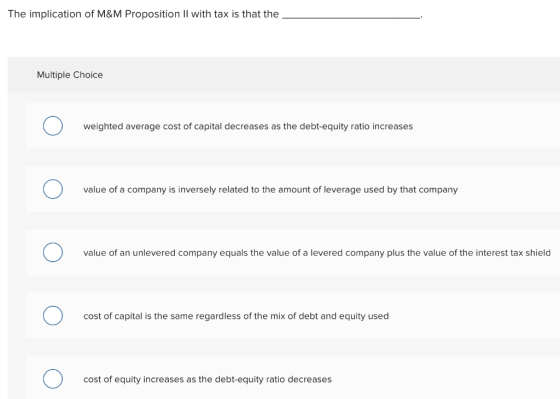 The implication of M&M Proposition II with tax is that the Multiple Choice 0 weighted average cost of capital decreases as th