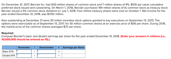 On December 31, 2017, Berclair Inc. had 600 million shares of common stock and 7 million shares of 9%, $100 par value cumulat