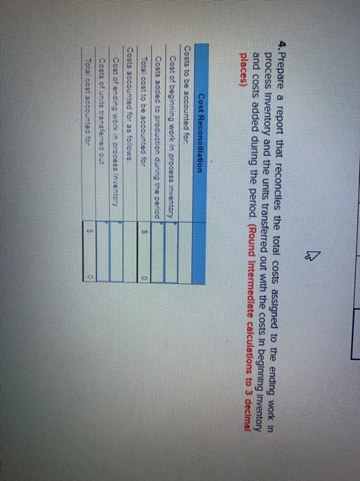4.Prepare a report that reconciles the total costs assigned to the ending work in process Inventory and the units transferred