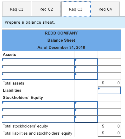 Req C1 Req C2 Req C3 Req C4 Prepare a balance sheet. REDD COMPANY Balance Sheet As of December 31, 2018 Assets Total assets Liabilities Stockholders Equity Total stockholders equity Total liabilities and stockholders equity