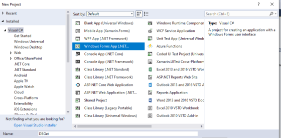 New Project ? x Recent Sort by: Default Search (Ctrl+E) Installed 03 Visual C# Get Started Windows Universal Windows Desktop