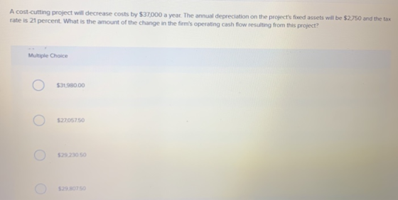 A cost-cutting project will decrease costs by $37,000 a year. The annual depreciation on the projects fixed assets will be $